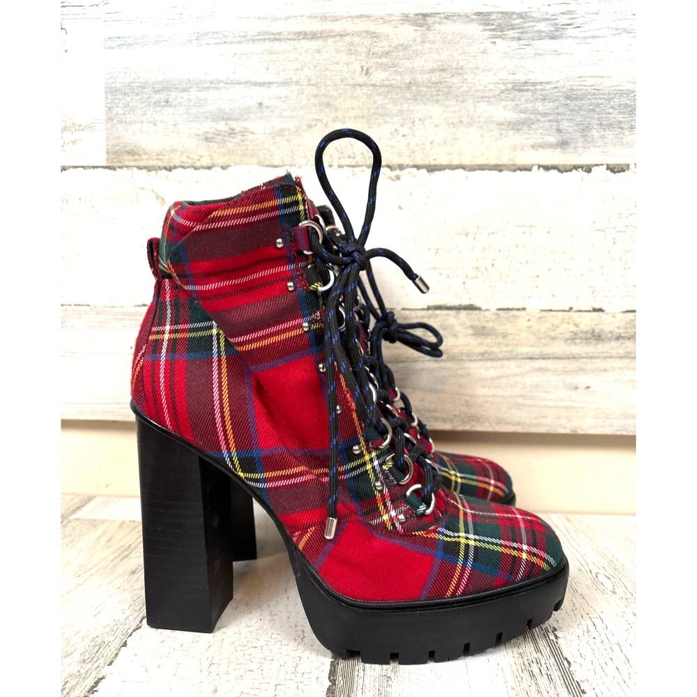 Gianni Bini Womens 7.5 Red Ambelynn Plaid Lug Sole Heeled Hiker Combat Bootie - Picture 2 of 10